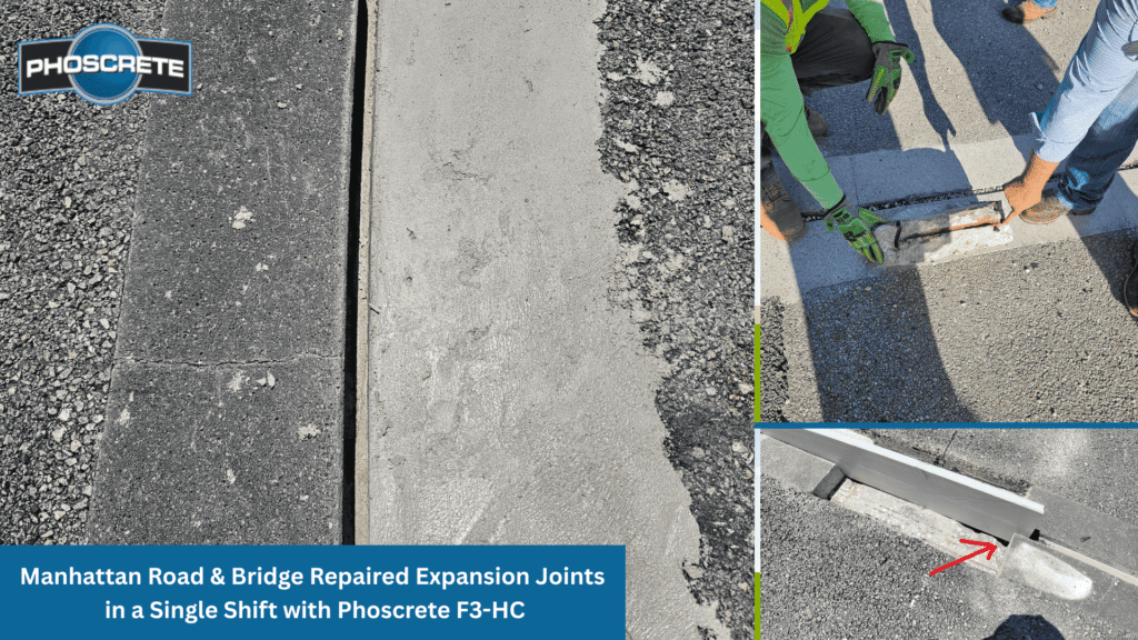 Three-panel image showing bridge expansion joint repair using Phoscrete F3-HC: left panel shows a repaired joint header with smooth, freshly finished concrete flush with the bridge deck surface; top right shows two workers in safety gear hand-finishing the joint repair material; bottom right shows a close-up of the completed joint header with a red arrow indicating the tightly sealed, smooth repair edge.