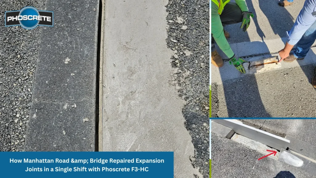 Three-panel image showing bridge expansion joint repair using Phoscrete F3-HC: left panel shows a repaired joint header with smooth, freshly finished concrete flush with the bridge deck surface; top right shows two workers in safety gear hand-finishing the joint repair material; bottom right shows a close-up of the completed joint header with a red arrow indicating the tightly sealed, smooth repair edge.